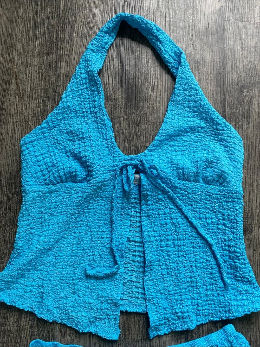 See You Monday Womens XL Blue Textured Crinkle Halter Top Shorts Set 2 Piece